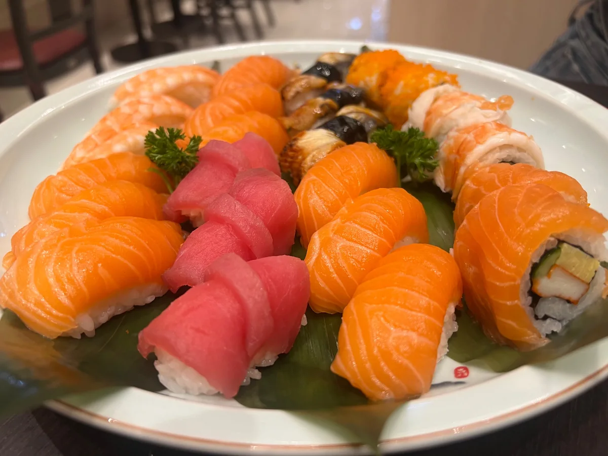 A restaurant plate of sushi — the kind of meal you can never put on a food scale, but can still estimate accurately